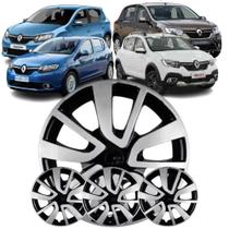 Jogo 4 Calotas Modelo Sandero 2014 Aro 14 Preto/Prata Encaixe Pressão Grid