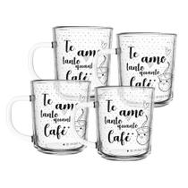 Jogo 4 Caneca de Café Te Amo Vidro Transparente 220ml Xícara Lyor Jogo 4 Caneca de Café Te Amo Vidro Transparente 220ml Xícara Lyor