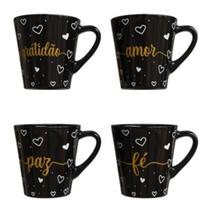 Jogo 4 Caneca Para Cafe Cha Frase Faixa Motivação Xicara 120ml De Porcelana Preta Personalizada