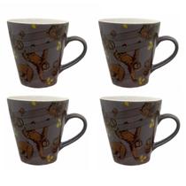 Jogo 4 Canecas Cônica De Cerâmica Decoradas 300ml