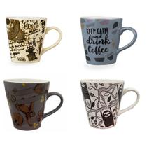 Jogo 4 Canecas Cônica De Cerâmica Decoradas 300ml
