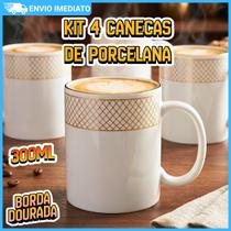 Jogo 4 Canecas De Porcelana Branco Com Borda Dourada 300mL Mesa Posta Luxo Regalis Hauskraft
