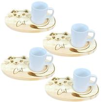 Jogo 4 canecas porcelana 120ml com pires pinus gato
