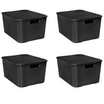 Jogo 4 Cestos Organizadores Multiuso C/ Tampa 15 L Empilhável Resistente Decorativo P/ Sala Quarto Acessórios Roupas Lavanderia