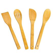Jogo 4 colheres e espátula de madeira pau bambu grande