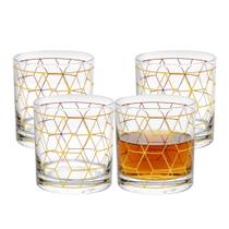 Jogo 4 Copo de Whisky Vidro Baixo para Drink Whiskey Uisque Detalhe Dourado Cube 320ml Wolff