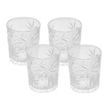 Jogo 4 Copos de Cristal Baixo Whisky Água Palm Tree Coqueiro Transparente 340ml Wolff
