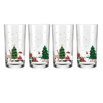 Jogo 4 Copos Decoração De Natal Long Drink 300mL Em Vidro AllMix Kit Conjunto Festas Papai Noel