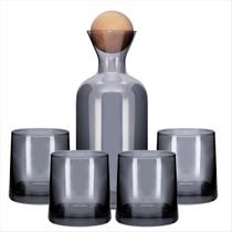 Jogo 4 Copos E Garrafa De Vidro Com Tampa Redonda De Madeira