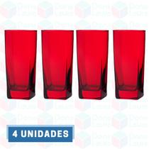 Jogo 4 Copos Vidro Bali Quadrado Luxo 320ml Vermelho