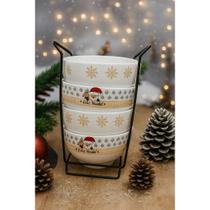 Jogo 4 Cumbucas Bowl Porcelana 450ml + Suporte Decorada Açaí Sopa Tema Natal Jogo 4 Cumbucas Bowl Porcelana 450ml + Suporte Decorada Açaí Sopa Tema Natal