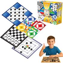 Jogo 4 em 1 Tabuleiro Dama Ludo Trilha Resta 1 Educativo