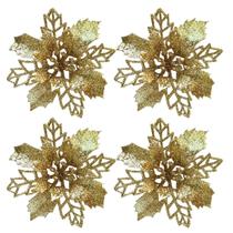 Jogo 4 Flores Bico de Papagaio Dourado Natal Pick Glitter 9cm com Presilha - Magizi
