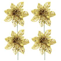 Jogo 4 Flores Pick Vazado Bico de Papagaio Glitter Dourado Natal 14cm - Magizi