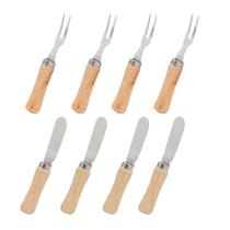 Jogo 4 Garfinhos e 4 Espátulas para Petiscos e Patês Aço Inox com Cabo de Madeira