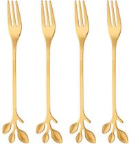 Jogo 4 Garfos Aço Inox Para Aperitivo Leaves Dourado