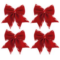 Jogo 4 Laços Natalinos Veludo Vermelho Borda Candy Listrada Prime 12x13cm Jogo 4 Laços Natalinos Veludo Vermelho Borda Candy Listrada Prime 12x13cm
