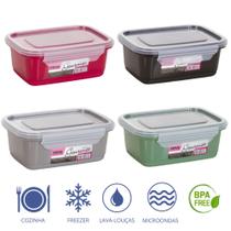 Jogo 4 Marmitas Retangular 750ml Colorido Tampa com Trava BPA FREE
