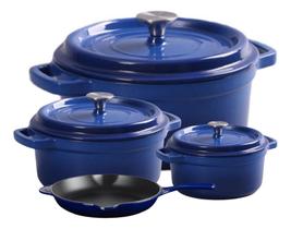 Jogo 4 Panelas Ferro Fundido Esmaltado Frigideira Antiaderente Azul Com Tampa Jogo 4 Panelas Ferro Fundido Esmaltado Frigideira Antiaderente Azul Com Tampa