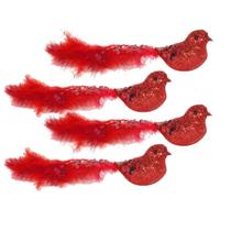 Jogo 4 Passarinhos Natal Plumas e Lantejoulas Vermelho Glitter 17cm Decorativo - Magizi