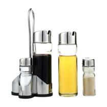 Jogo 4 Pçs Galheteiro Vidro Suporte Azeite Sal Vinagre Kit
