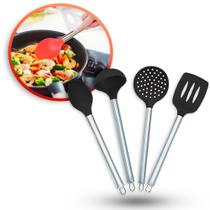 Jogo 4 Peças De Silicone Cabo Inox Utensílios Cozinha Colher Concha Escumadeira Espátula Jogo 4 Peças De Silicone Cabo Inox Utensílios Cozinha Colher Concha Escumadeira Espátula