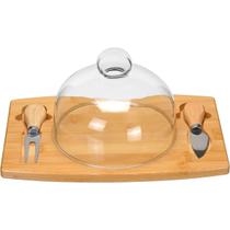 Jogo 4 peças para queijo home&co com tampa de vidro bambu