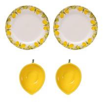 Jogo 4 Peças Pratos E Bowls Limão Siciliano Cerâmica 20cm Jogo 4 Peças Pratos E Bowls Limão Siciliano Cerâmica 20cm