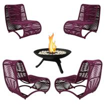 Jogo 4 Poltronas Leroy em Corda Náutica + Lareira Portátil Externa Interna