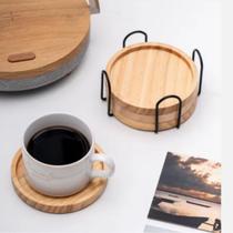 Jogo 4 Porta Copos Bambu com Suporte Ferro Preto