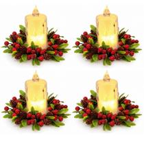 Jogo 4 Porta Velas Decorado Castiçal Natalino com Folhagens Pinhas Berries e Vela LED Branco Quente Mesa Posta Natal 10c Jogo 4 Porta Velas Decorado Castiçal Natalino com Folhagens Pinhas Berries e Vela LED Branco Quente Mesa Posta Natal 10c