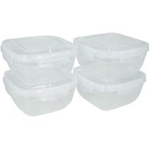 Jogo 4 Potes C/ Tampa 4 Trava 400ml Transparente Marmita Quadrado/Retangular Geladeira Armazenamento Potes Micro-ondas Kit Plástico - Rischioto