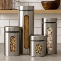 Jogo 4 Potes Herméticos de Vidro com Visor Mimo Style Inox Organizador de Cozinha
