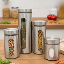 Jogo 4 Potes Mantimentos Inox Vidro Visor Hermético Kit Porta Condimentos Cozinha Conjunto Organizador Macarrão Café Açúcar Prata Aço