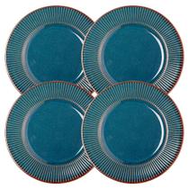 Jogo 4 Prato de Sobremesa Ceramica Azul Linear Rústico 20cm Lyor