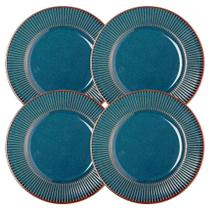 Jogo 4 Prato De Sobremesa Ceramica Azul Linear Rústico 20cm Lyor