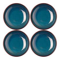 Jogo 4 Prato Fundo de Massas Cerâmica Linear Azul Premium 23cm Lyor