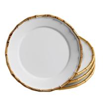 Jogo 4 Prato Raso de Cerâmica Branco Borda de Bambu Grossa 27cm Flat Scalla