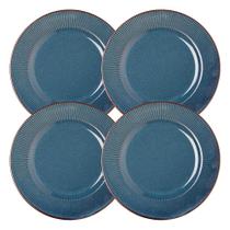 Jogo 4 Prato Raso de Jantar Ceramica Azul Linear Rústico 27cm Lyor