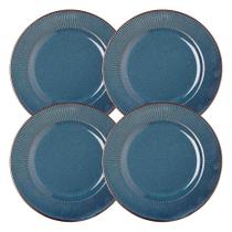 Jogo 4 Prato Raso De Jantar Ceramica Azul Linear Rústico 27cm Lyor