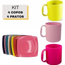 Jogo 4 Pratos Quadrado Fundo 4 Copos Com Alça 450ml Plástico Cores 8 Peças