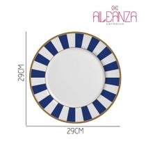 Jogo 4 Pratos Raso de Cerâmica Azul Branco Listras Stripe Azul Alleanza 29cm