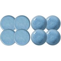 Jogo 4 Pratos Rasos e 4 Pratos Fundos Cerâmica Azul Linhas Breeze Porto Brasil Mesa Posta