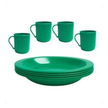Jogo 4 Pratos Redondo Fundo 4 Copos Com Alça 450ml Plástico Cores 8 Peças