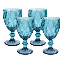 Jogo 4 Taças de Vidro Diamond Diamante Azul 300ml Água Class Home