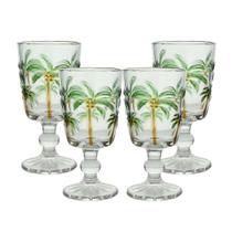 Jogo 4 Taças de Vidro Tropical Palm Tree Coqueiro Água Transparente Lyor 275ml