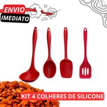 Jogo 4 Utensílio Culinário Silicone Vermelho Concha Colher de Servir Espátula e Espátula Vazada