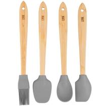 Jogo 4 Utensílios 20cm Silicone Cabo Bambu Cinza Lyor Mini Cozinha Decoração Pincel Espátulas Colher