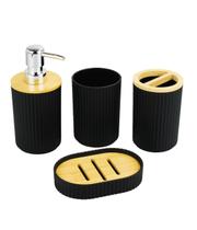 Jogo 4 Utensílios Banheiro Preto Plástico Bambu