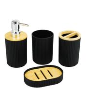 Jogo 4 Utensílios Banheiro Preto Plástico Bambu